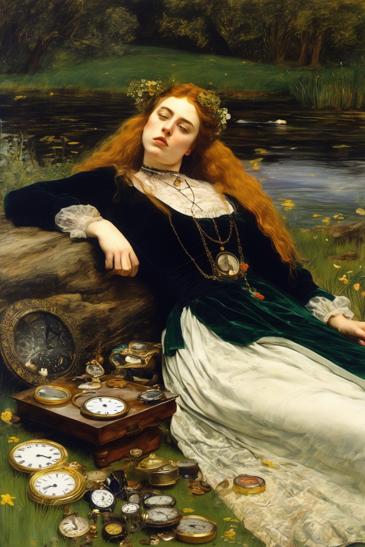 John Everett Millais Style - Ophelia of John Everett Millais, Ohelia is lying on the river and holding a phone, many clock...